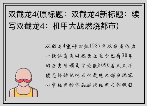 双截龙4(原标题：双截龙4新标题：续写双截龙4：机甲大战燃烧都市)